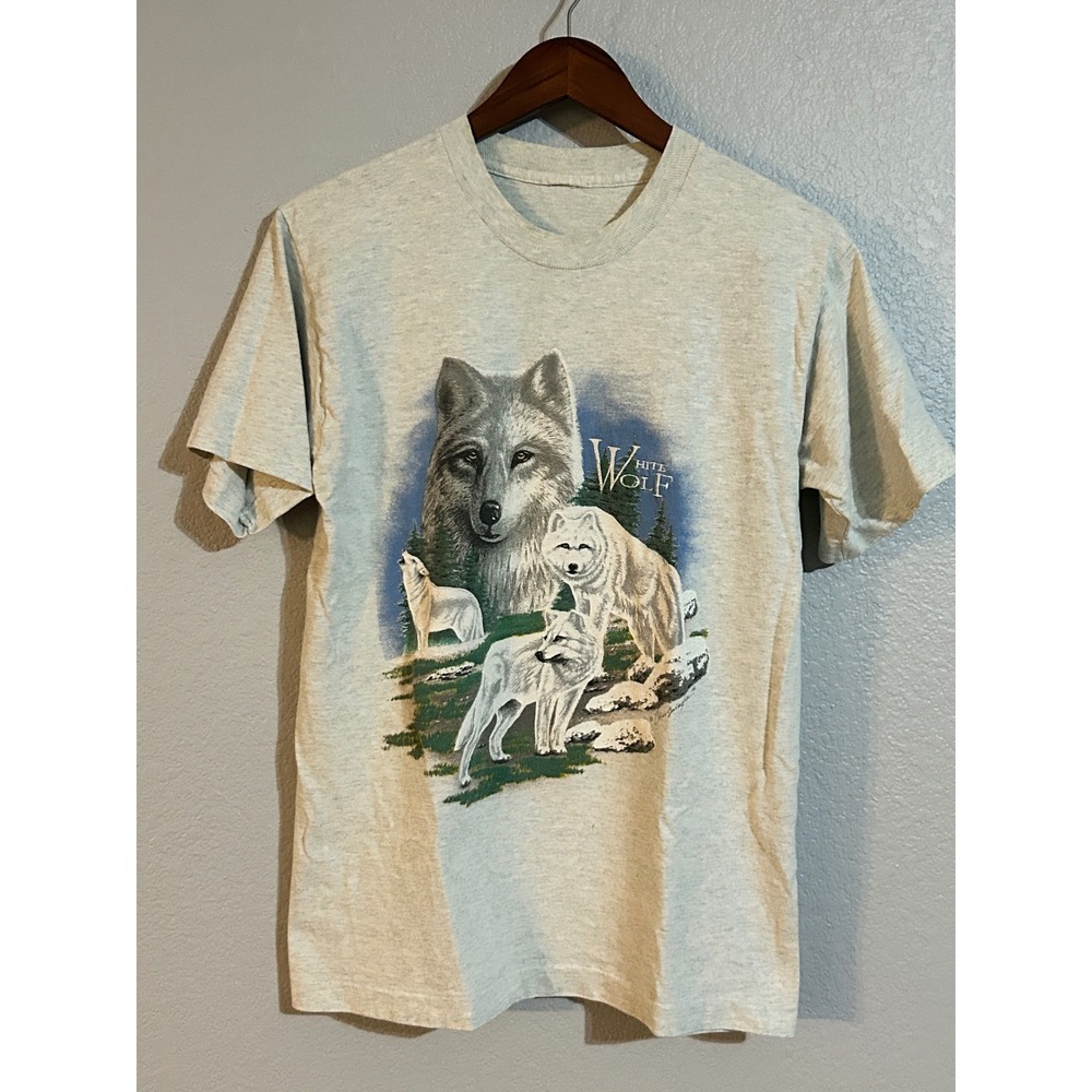 Vintage White Wolf Graphic T-Shirt Gray Nature Animal Print Single stitch 1994